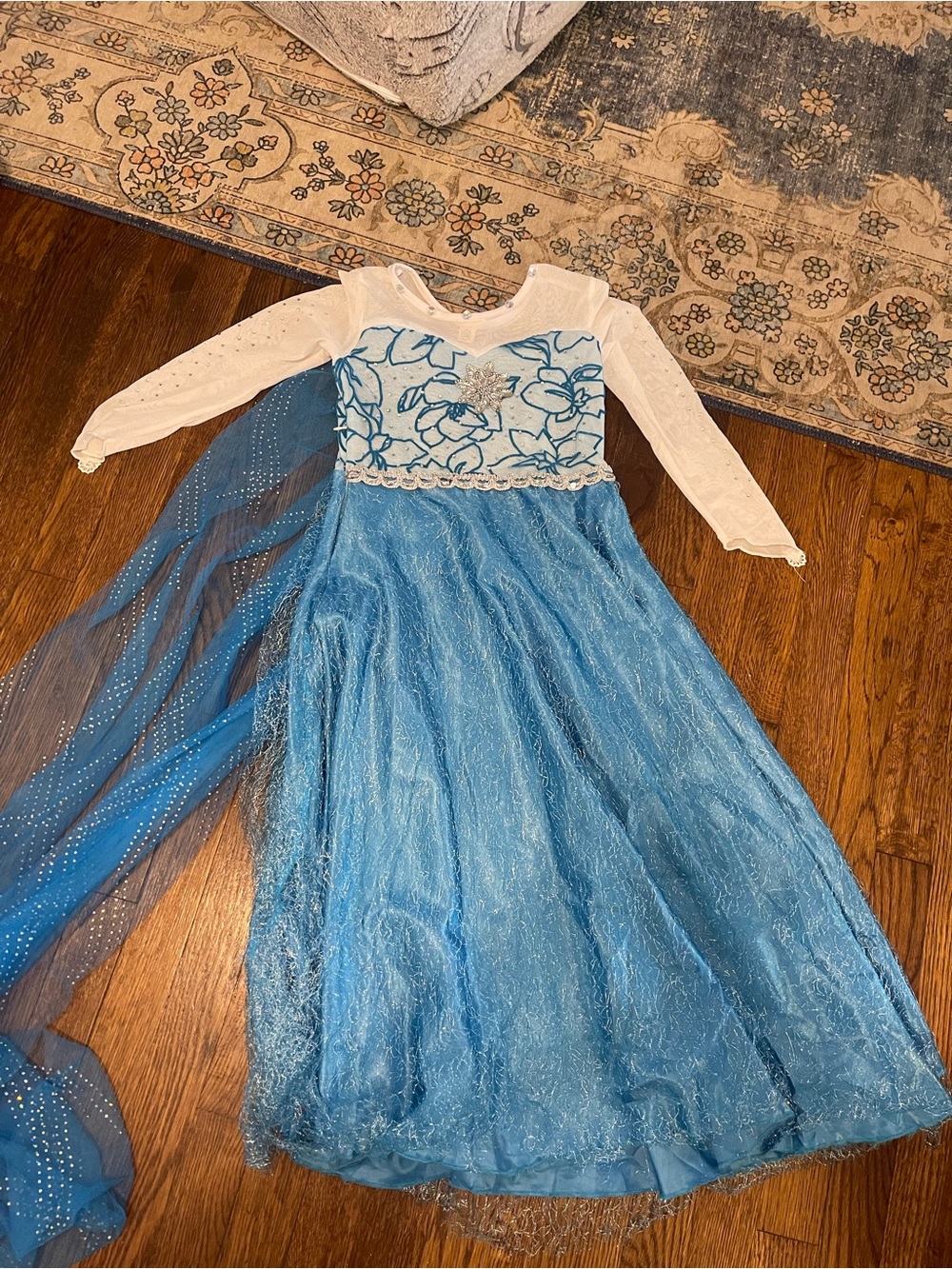 Blue Floral Long Sleeve Girls' Dress with Sheer Cape